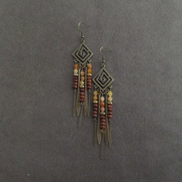 Chandelier earrings, tribal antique bronze, boho chic earrings, ethnic earrings, southwestern earrings, long bohemian earrings orange 