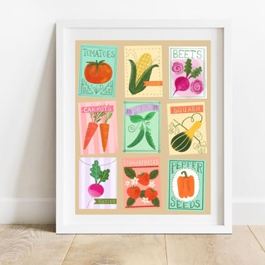 Fruit and Vegetable Seed Packets 8 X 10 Art Print/ Home Gardening Illustration/ Mid Century Style Produce Seed Pack Kitchen Decor 