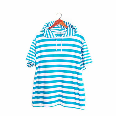 striped t shirt / hoodie t shirt / 1990s turquoise striped short sleeves hoodie t shirt Large 