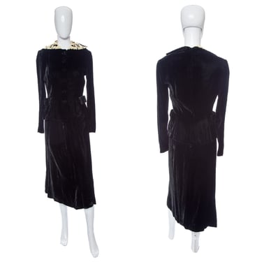1940's Black Velvet and Lace Detail Skirt Suit Size S