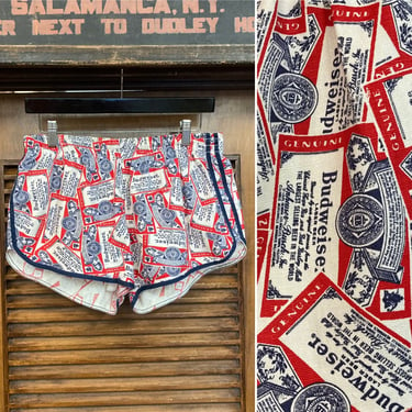 Vintage 1970’s Budweiser Beer Mod Pop Art Cotton Swim Trunks Shorts, 70’s Vintage Clothing 