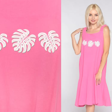 Pink Beach Dress Y2K Mini Tank Dress Tropical Leaf Print Retro Summer Day Loose Casual Flowy Surfer Vacation Vintage 00s Cotton Medium M 