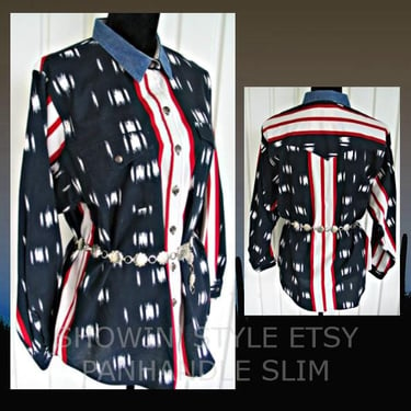 Panhandle Slim Vintage Retro Western Women's Cowboy Shirt, Patriotic Red, White & Blue Colors, Tag Size Large (see meas. photo) 