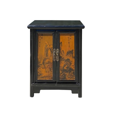 Chinese Distressed Black Yellow Scenery Graphic End Table Nightstand cs7341E 