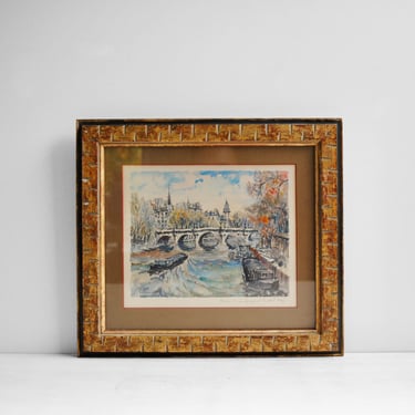Vintage Framed Watercolor Painting of The Siene River in Paris at Pont Neuf 