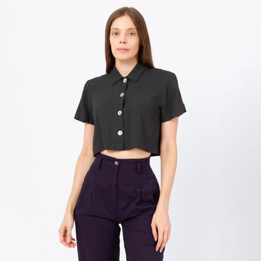 Vintage 90s Dark Green Plaid Crop Top - Small | Short Sleeve Collared Cropped Blouse, Grunge Abalone Button Up Shirt 