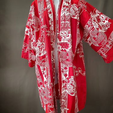 red japanese floral cotton kimono robe, vintage top, bathing suit coverup 