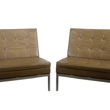 Florence Knoll Pair of Parallel Bar Slipper Chairs w/ Taupe Tufted Leather 