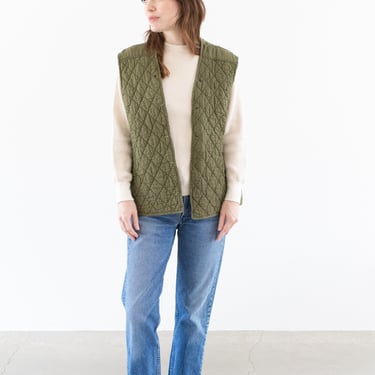 Vintage Green Diamond Quilt Cotton Vest | Unisex Sleeveless Liner Jacket | M | 