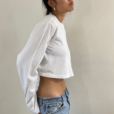 90s cropped long sleeve cotton tee  / vintage white cotton cropped oversized long sleeve crewneck tee tshirt made in USA | Large 