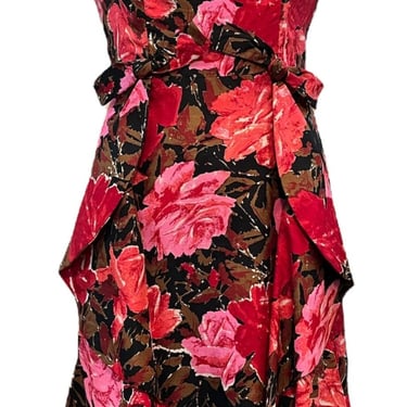 Travilla 50s Red and Pink Watercolor Floral Silk Cocktail Dress