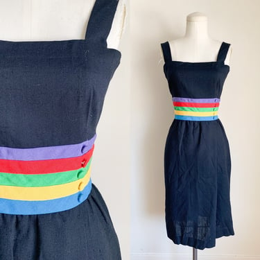 Vintage 1980s Rainbow Striped Black Dress / S 