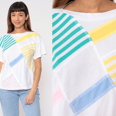 80s Striped T-Shirt White Boatneck Top Pastel Pink Yellow Blue Green Diagonal Stripes Patchwork Tee Retro Casual Blouse Vintage 1980s Large 