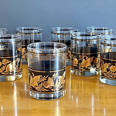 Vintage 22K gold & black old fashioned cocktail glasses, Cera glassware whiskey rocks glasses, Mid century fall holiday barware MINT 