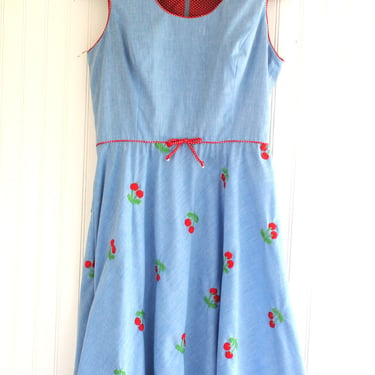 1970s - Cotton Chambray - Cherry - Embroidery - Novelty - Sundress -  by Elfriede for Mitch  - Estimated size 12 