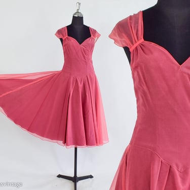 1940s Mauve Pink Party Dress | 40s Pink Chiffon Evening Dress  | Medium 