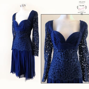 Bellville Sassoon Lorcan Mullany COUTURE Evening Dress Gown, Blue Lace Vintage Silk Chiffon, Size M/L USA 12, 1980's, 1990's Party Prom 