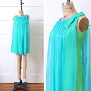 vintage 1960s chiffon babydoll dress • mod era formal short party dress in Day-Glo green & turquoise blue 