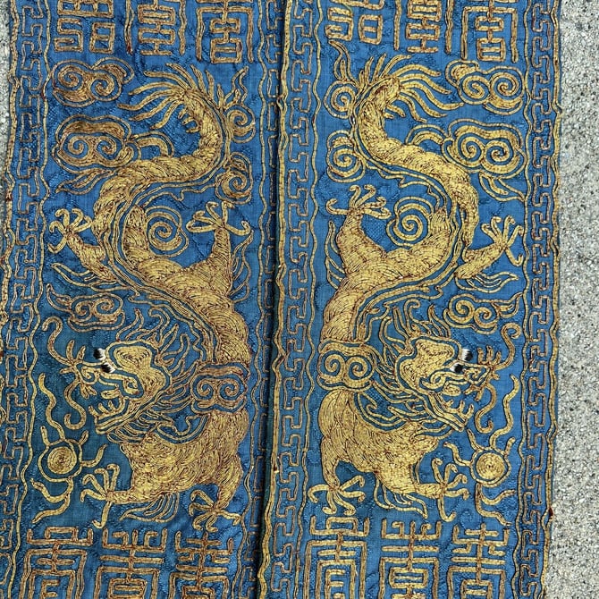 Antique Chinese Dragon Gold Embroidery Robe Panels Sleeve Cuff Phoenix Bird Silk