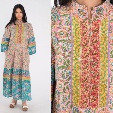 Indian Floral Dress Y2k Boho Maxi Dress Long Wide Sleeve Button up Bohemian Hippie Long Summer Dress Caftan Pink Blue Vintage 00s Medium M 