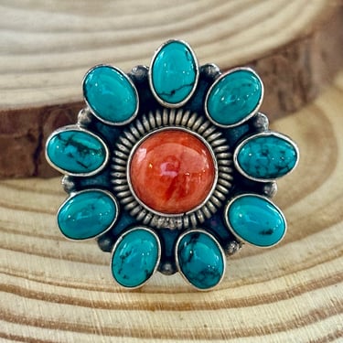 FLOWER POWER Sterling Silver Spiny Oyster & Kingman Turquoise Cluster Ring Navajo | Statement Jewelry, Native American Southwestern | Size 7 