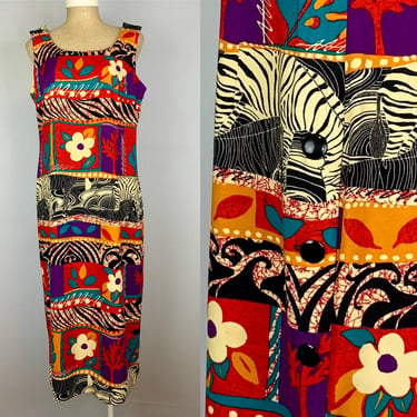 Vintage 90s Zebra Floral Print Rayon Dress Size 8 Medium 