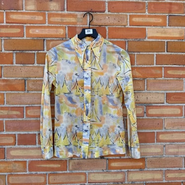 vintage 70s yellow sailboat print blouse / s small 