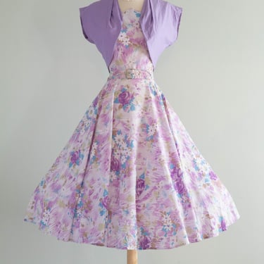 Dreamy 1950's Lavender Haze Cotton Floral Print Dress With Matching Jacket / SM