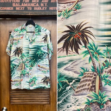 Vintage 1950’s “Pali” Label Tropical Tiki Island Palm Tree Rayon Loop Collar Hawaiian Shirt, 50’s Vintage Clothing 