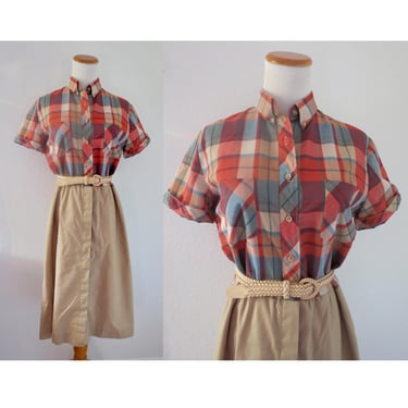 Vintage Plaid Shirt Dress - 80s Short Sleeve Casual Shirtwaist Shirtdress - Size Large 
