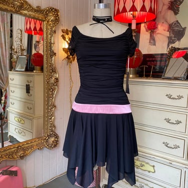 vintage y2k black ruched net off the shoulders dress trixxi hankie hem pink sash 