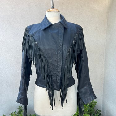 Vintage western fringe motorcycle jacket black leather fringe Sz 4 by Bermans 