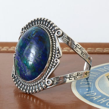 vintage Azurite and sterling silver Navajo cuff • beautiful large oval blue & green stone bracelet 