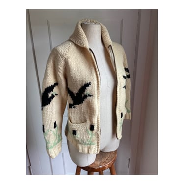 1950s Wool Cowichan Cardigan Sweater featuring Black Ducks & Tulips- size x-small/small 