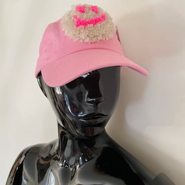Tufted Happy Face Hat, pink baseball cap, rug hat, white smiley face, hot pink , gift for a woman, gift for a girl, gift for a guy 