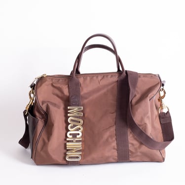 Vintage MOSCHINO by Redwall 1990s Brown Nylon + Leather Medium Duffle Bag with Gold Lettering + Crossbody Strap 90s 