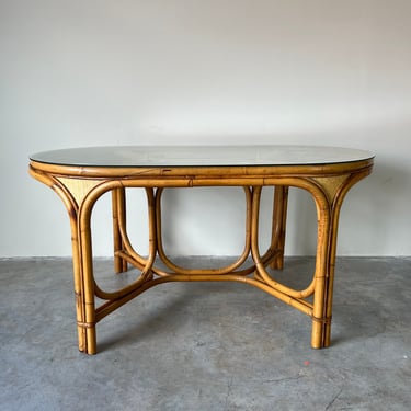 70's Vintage Bamboo & Leather Oval Dining Table 
