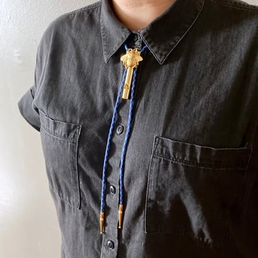 Sale* Survival Bolo Tie - Blue and Purple Paracord Necklace with Brass Slider, Rescue Whistle, Brass Bolo Tips, and Extra Braided Rope 