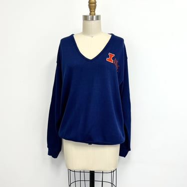 Vintage Illini V Neck Sweater with Chain Stitch Embroidery | Size Large 