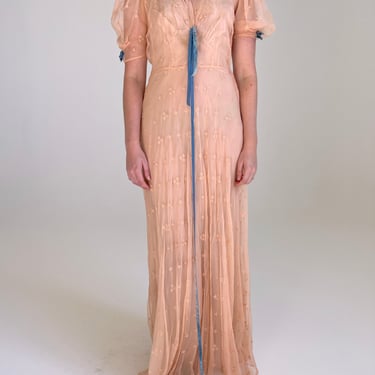 1930's Peachy Pink Floral Embroidered Puffed Sleeve Net Gown with Blue Velvet Ties