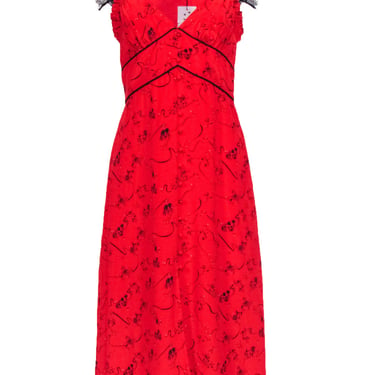 Tanya Taylor - Red & Black Zodiac Printed Silk Dress w/ Lace Cap Sleeves Sz 0