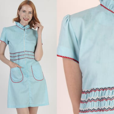 60s Zip Front Scooter Mini Dress Simple Smocked Shift Frock Vintage Patch Pocket Ric Rac Trim 
