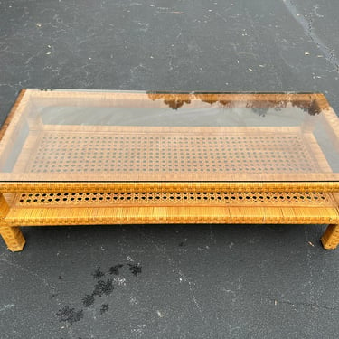 Vintage Broyhill Bahia rattan wrapped coffee table with glass top 
