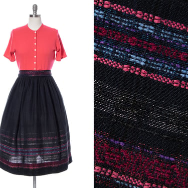Vintage 1960s Skirt | 60s Striped Border Hand Woven Black Cotton Wool Metallic Pink Full Swing Skirt (medium) 