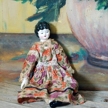 Antique German porcelain doll / vintage hand painted glazed porcelain doll with floral dress and cloth body / collectable vintage toys / 