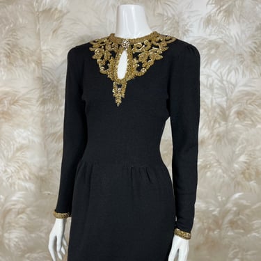 1980's Knit Gold Beaded Cocktail Dress