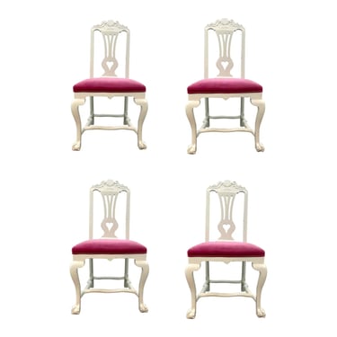 Antique Empire White and Pink Velvet Side Dining Chairs Set of 4