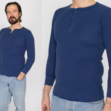 Medium 80s Navy Blue Waffle Knit Henley Shirt | Vintage Plain Long Sleeve Thermal Top 