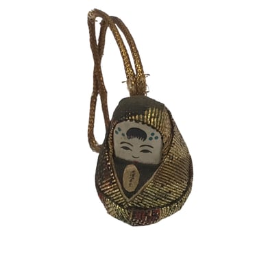 Japanese Fabric Hime Daruma Doll Keychain Phone Strap Amulet Gold Black JK879