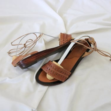 leather + wood ankle tie wrap sandals - 8 